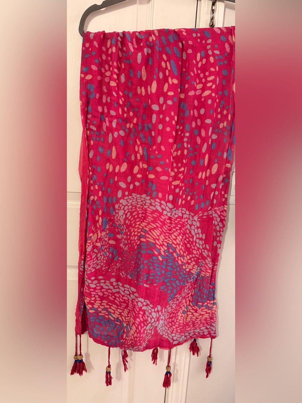 Bright Pink Patterned Scarf with Blue & Cream Dots